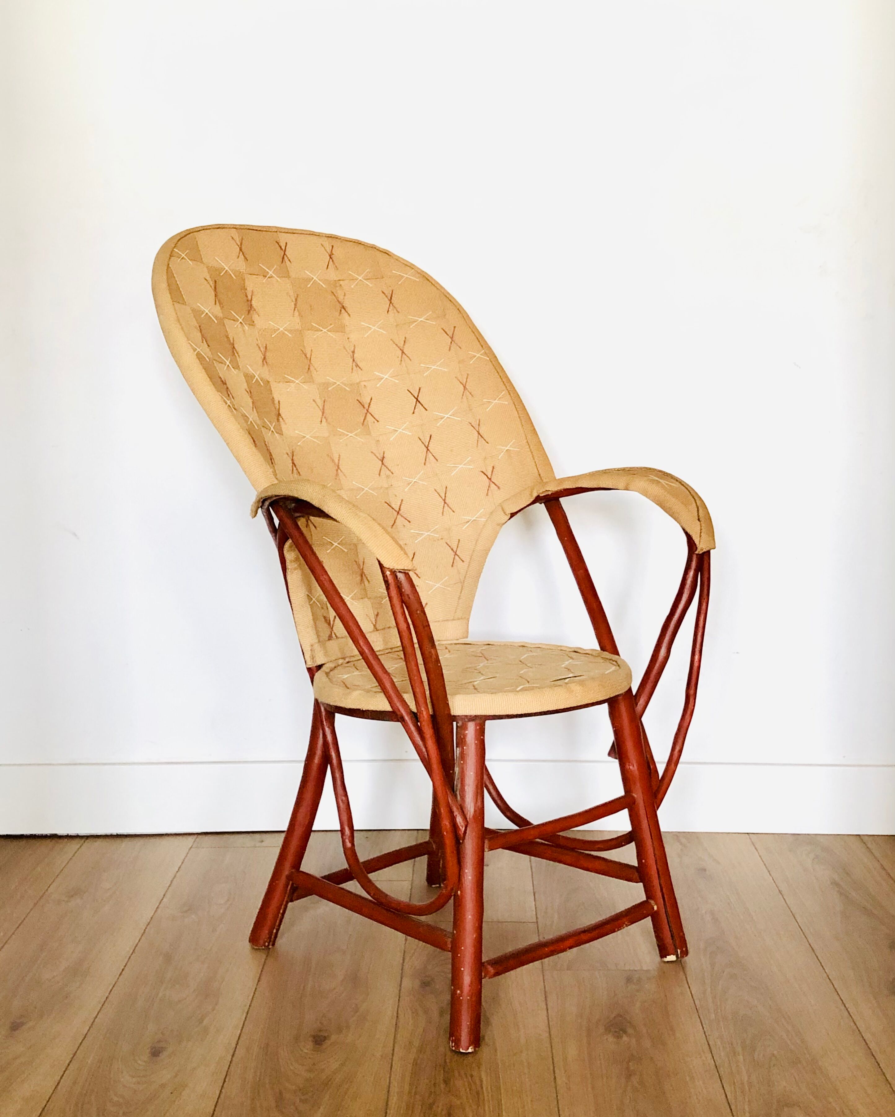 Vintage chestnut armchair and burlap