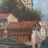 Tableau huile sur toile, vue ancienne de la ville, fin 19ème siècle