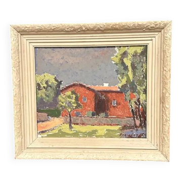 Original Swedish Oil on Panel – 'Gult Hus' by E. Freidland – Signed – Vintage & Framed – 54 × 47 cm (21.3 in × 18.5 in)