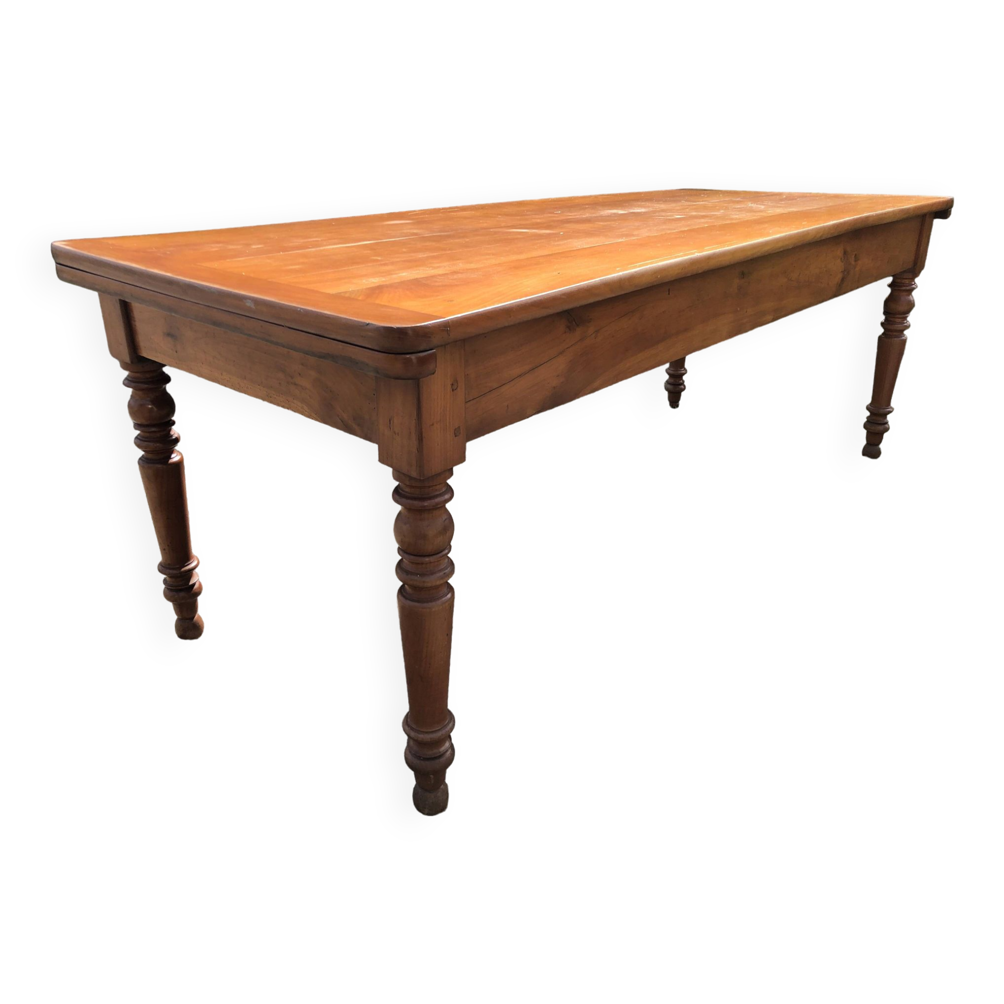 Antique Louis Philippe style farmhouse table in solid cherry wood with its 2 extensions.