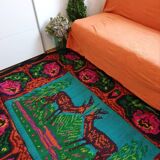 Vintage Romanian rug with deers, nature scenery on a floral background
