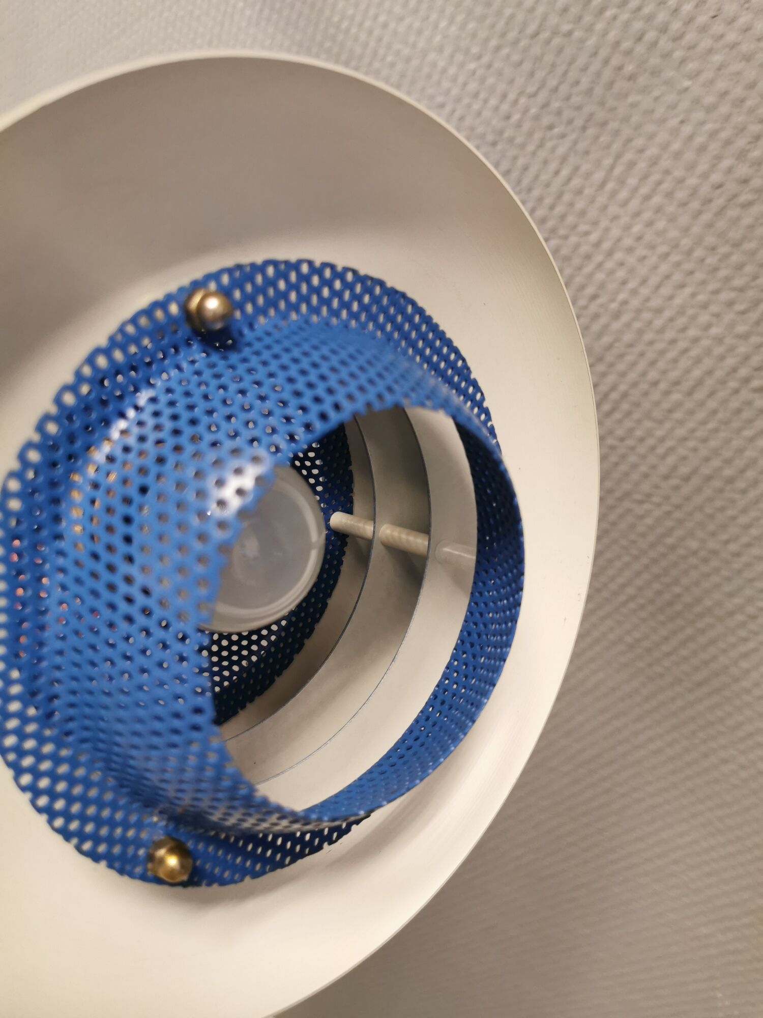 Blue lacquered metal lamp, with several layers of shades, Danish from the 80s.