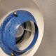 Blue lacquered metal lamp, with several layers of shades, Danish from the 80s.