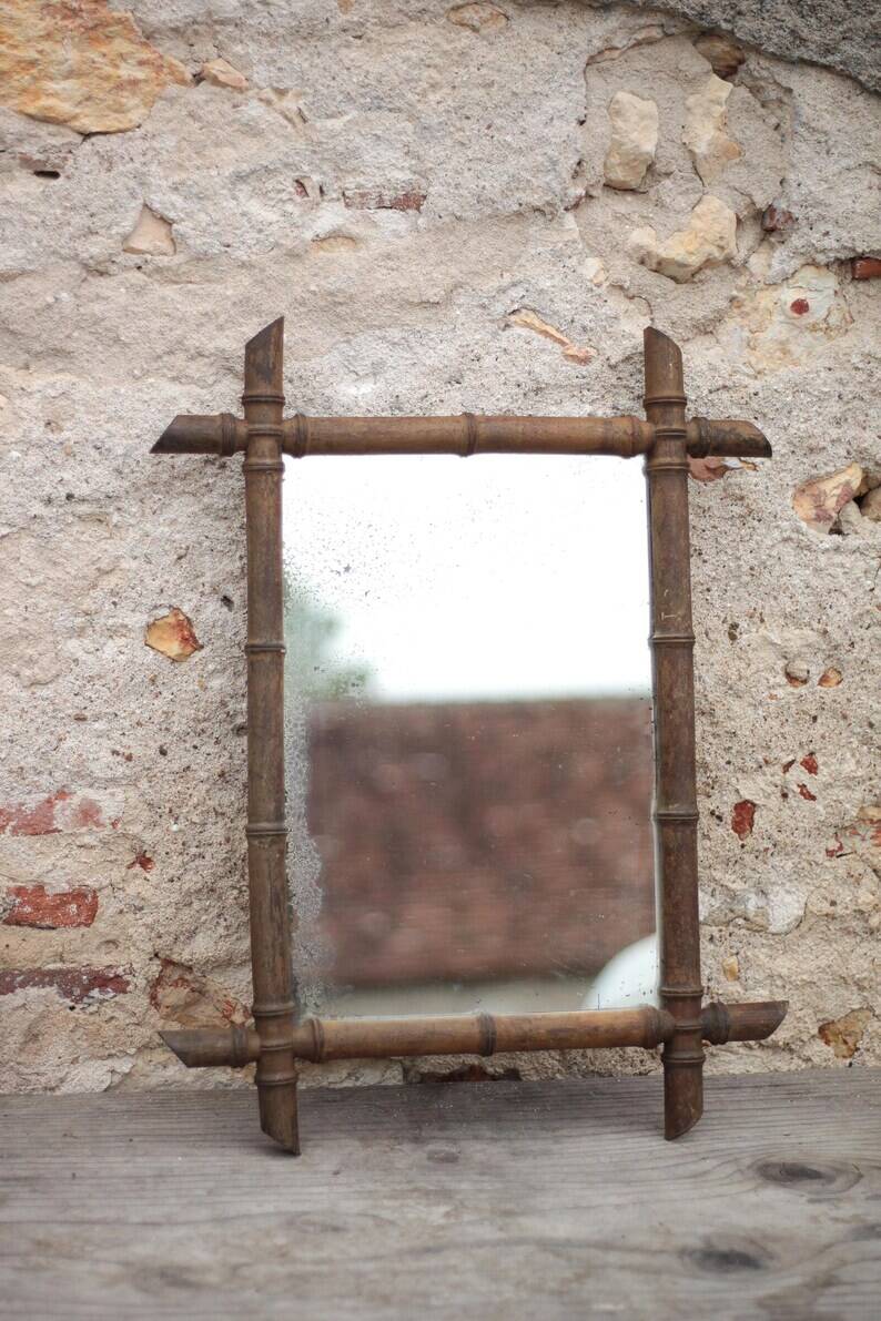 Wooden bamboo imitation mirror, antique mirror, hanging mirror, interior decor, mirror