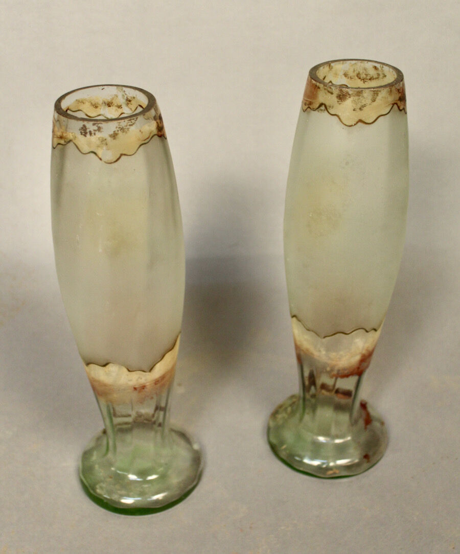 Pair of glass vases with iris enamelled decor