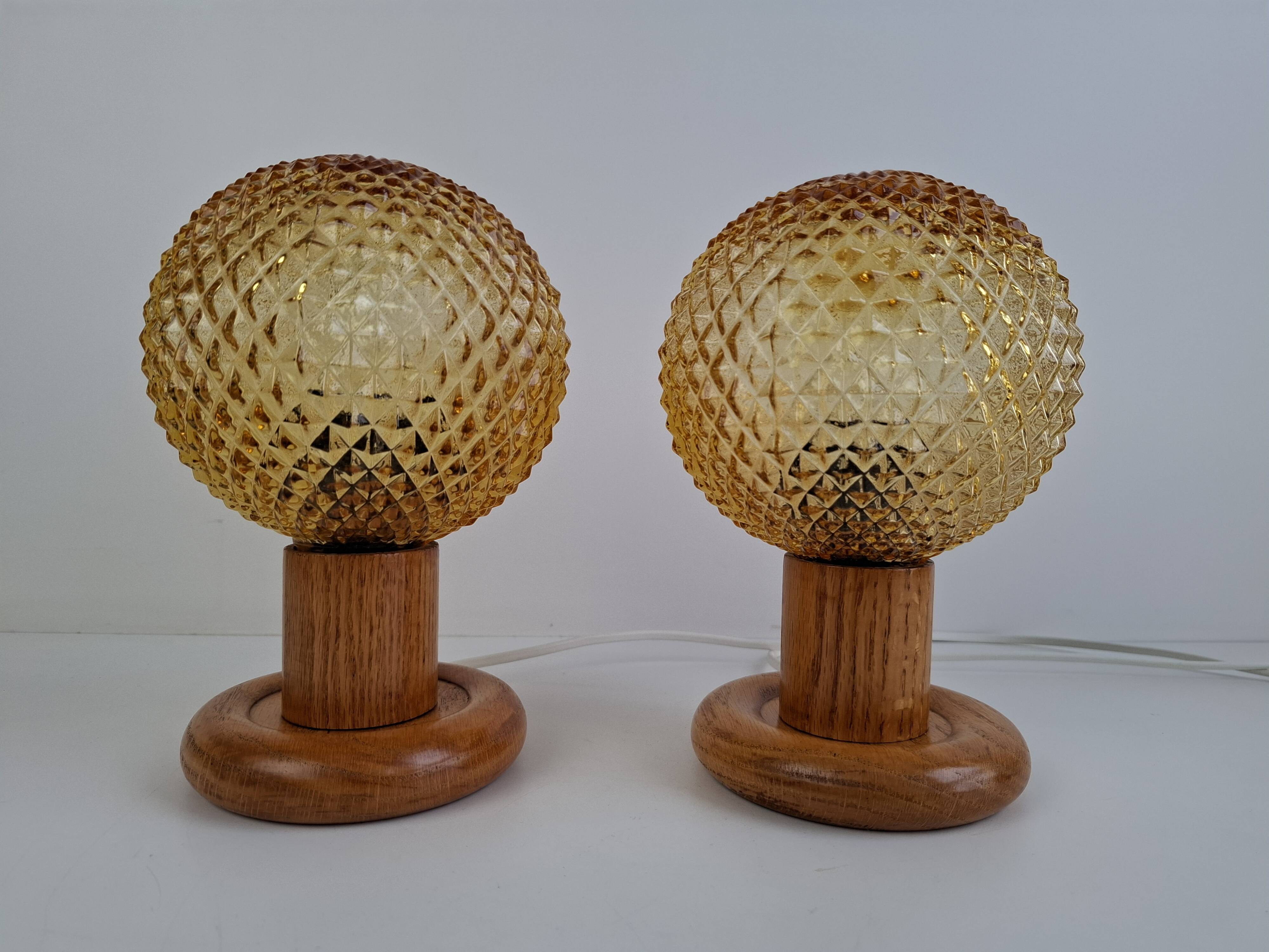 Pair of Mid-Century Table Lamps with Amber Glass and Wooden Base