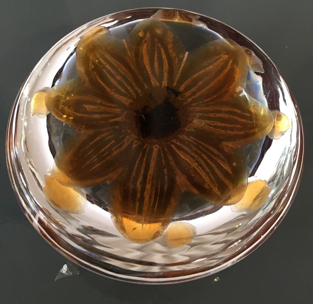 Sulfure presse-papier fleur orange ambre daum france