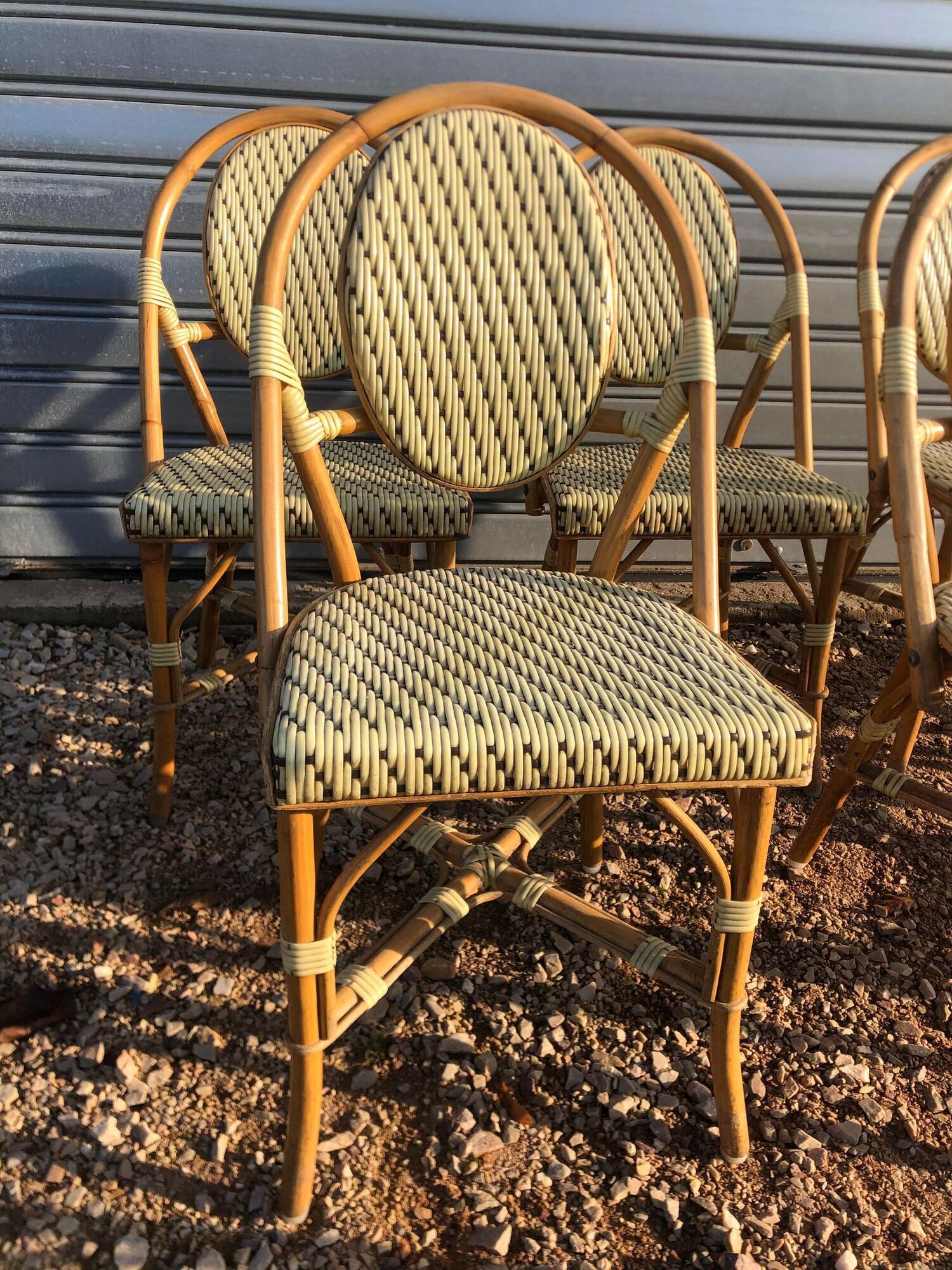 Set of 8 terrace chairs "bistro" in natural rattan beige braiding.
