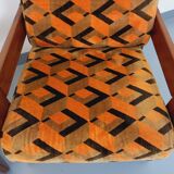 Pair of vintage walnut and velvet fabric sleigh armchairs from the 70s