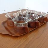 Swedish teak tray with tea cups by Jie Gantofta, 1960s, set of 7.