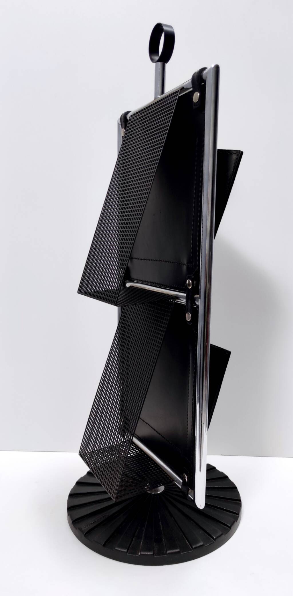Black Leather and Chrome-Plated Metal Magazine Rack by Salmistraro, Italy