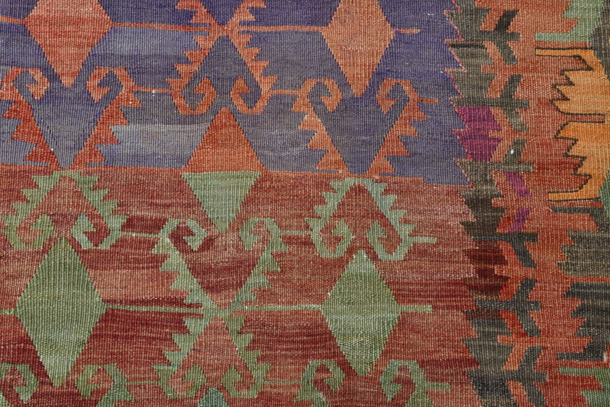 6x13 Kilim Red & Blue Long Wide Ethnic Pattern Wool Kilim Rug, 176x390 Cm