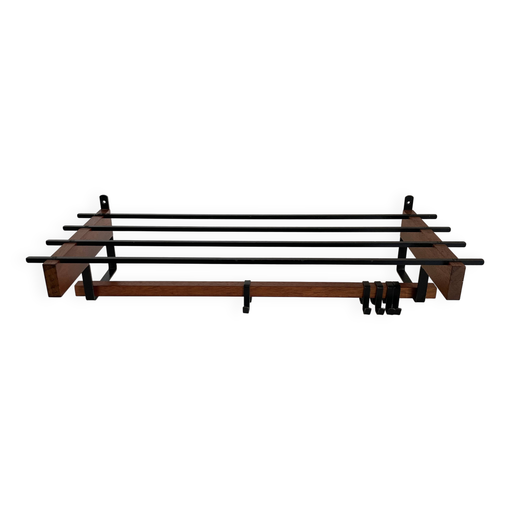 Vintage Scandinavian wall coat rack in wood and metal.