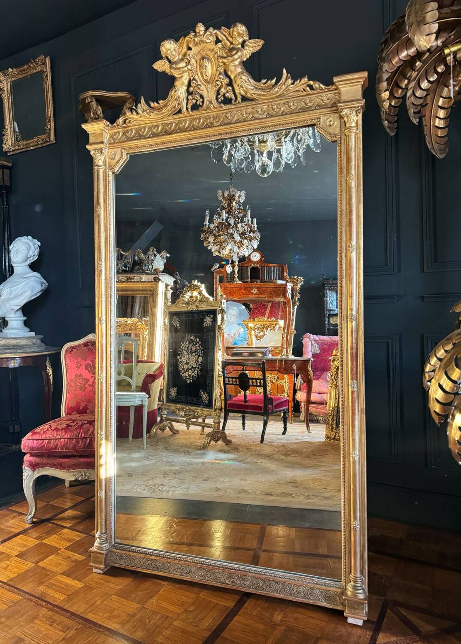 Napoleon iii period fireplace mirror in golden wood with putti decor - 19th century
