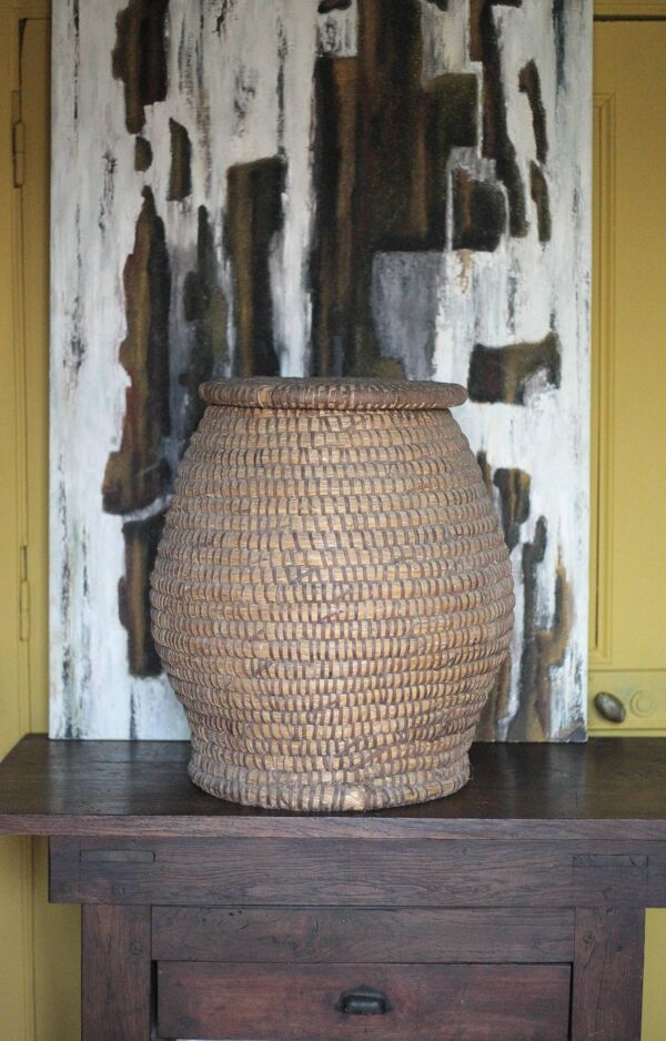 Panier ancien avec couvercle, bourgne paille et ronce, panier tressé, décor