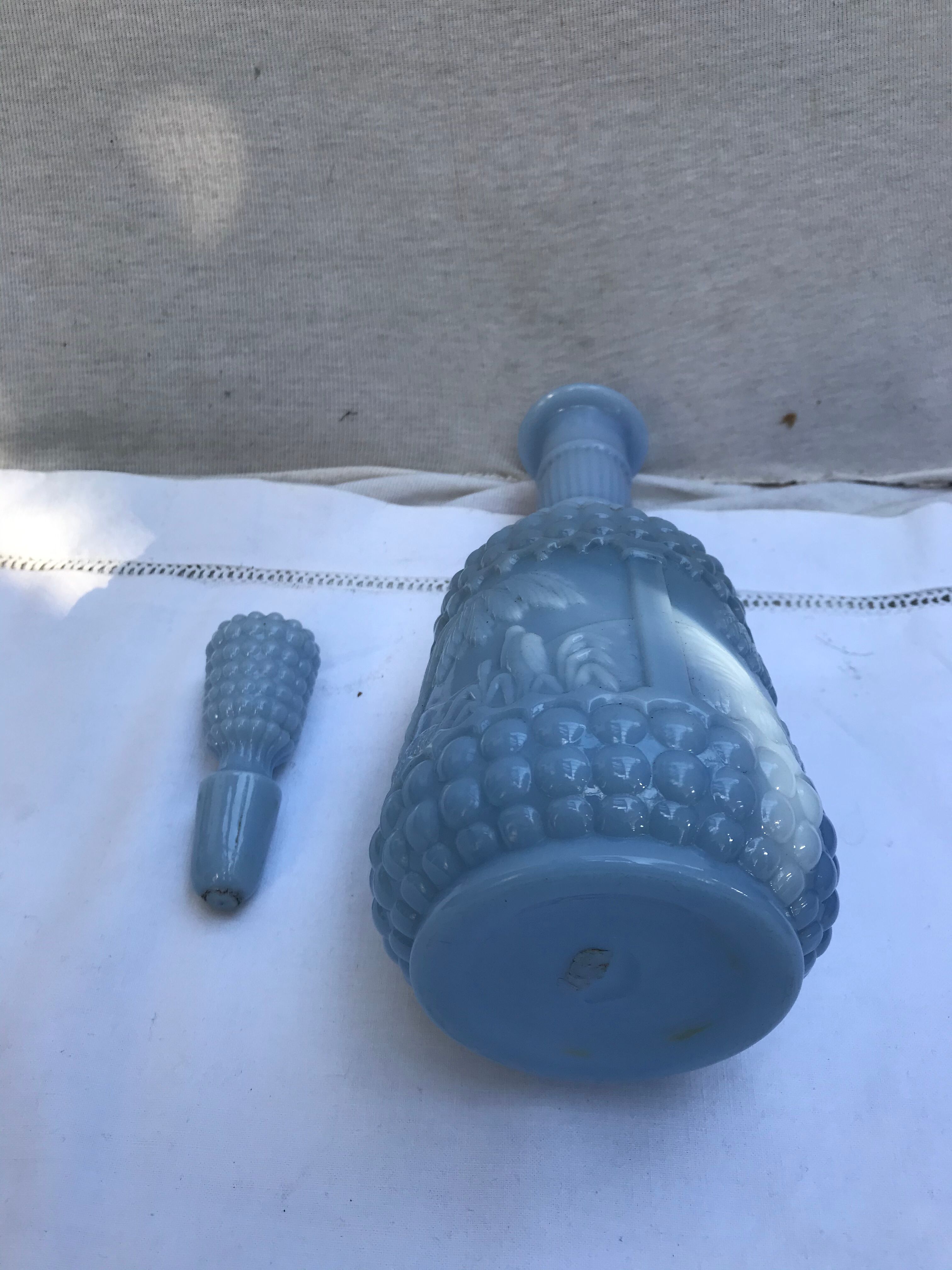 Former Carafe Liqueur Opaline Blue Decor Moulded - Vintage Cave Bouchon