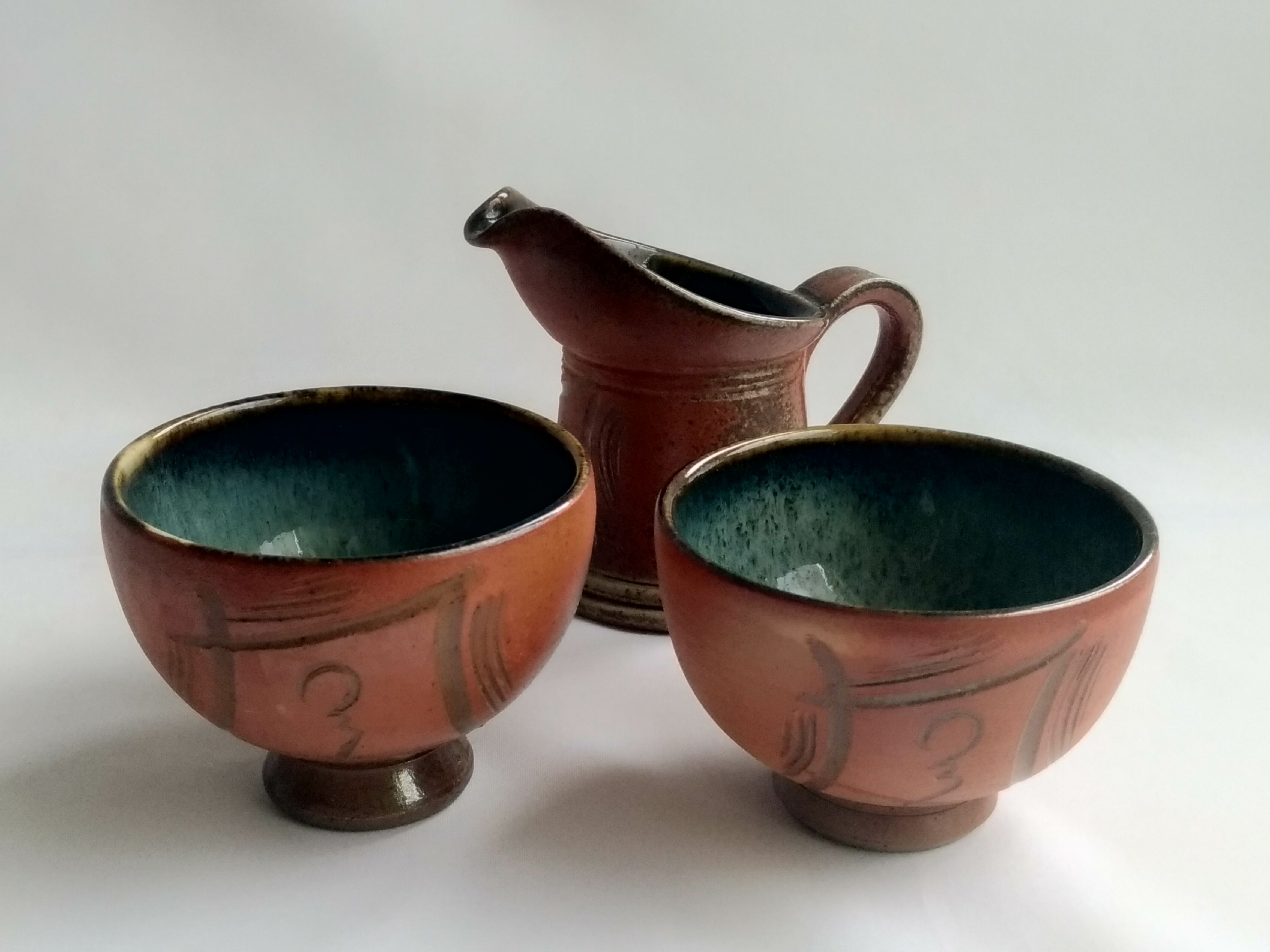 Puisaye Sandstone Coffee Service - Marina Tellier - Signed - Decorated with ideograms