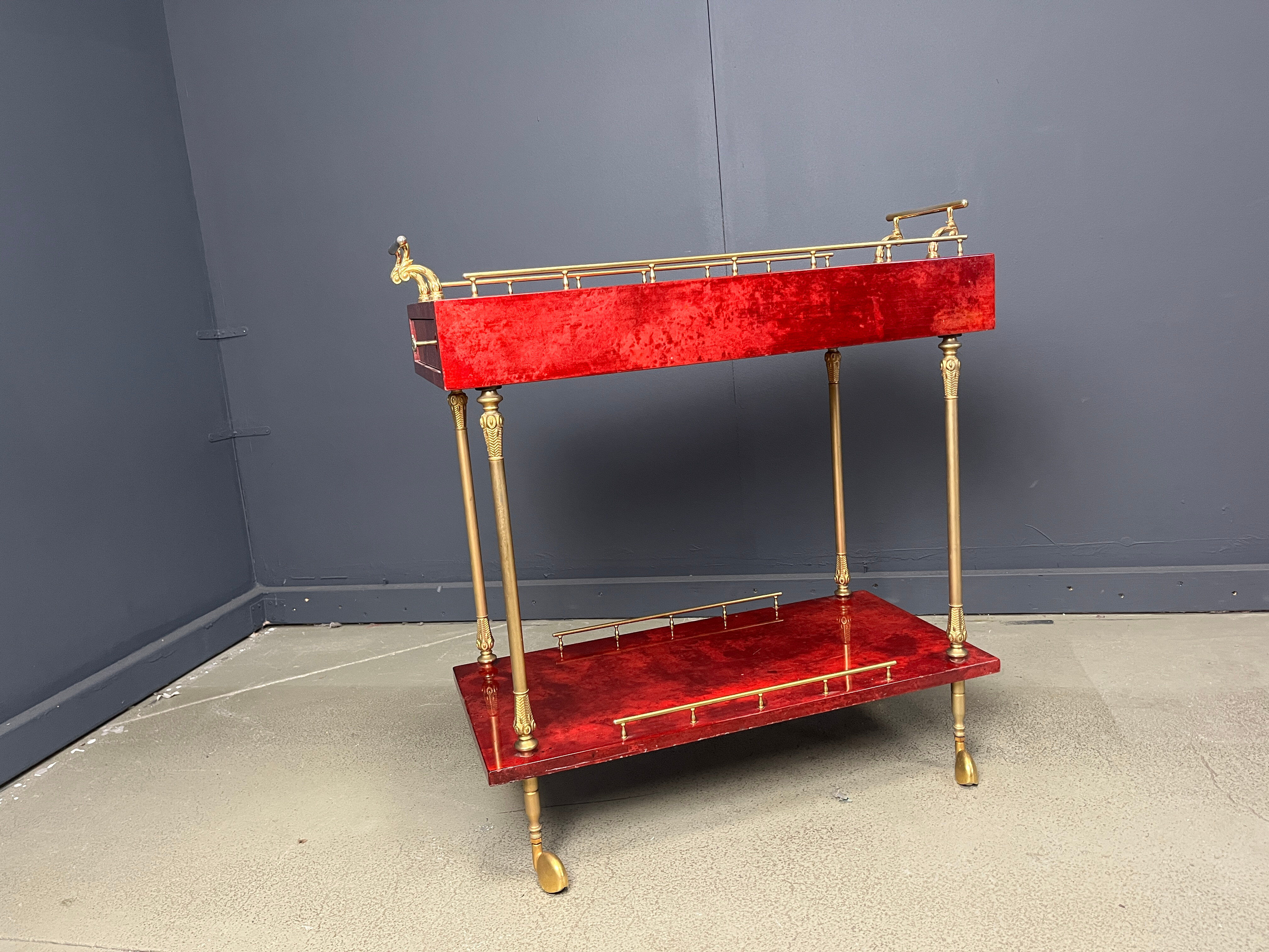 Rare Italian lacquered goatskin / parchment serving bar cart by Aldo Tura, 1960s