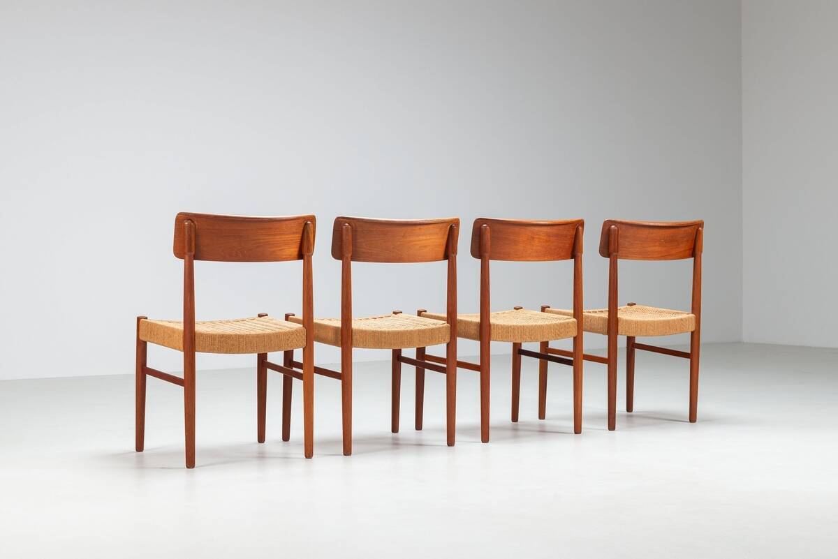 Set of four Danish dining chairs in teak and paper cord, Denmark, 1960