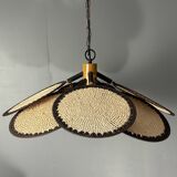 Midcentury uchiwa fan macrame fiber rattan hanging pendant lamp, 1970s