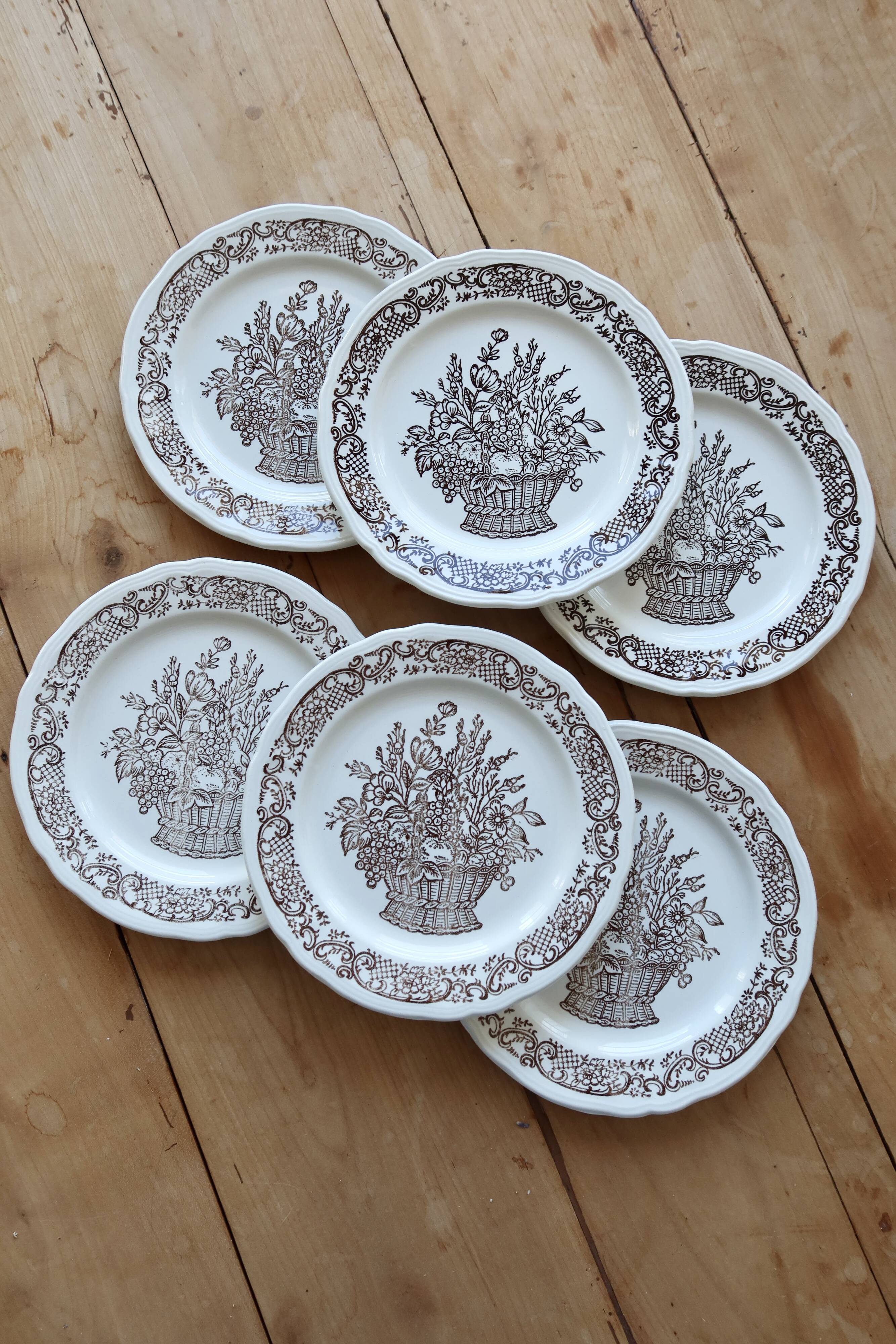 Vintage porcelain dessert plates with brown country bouquet pattern