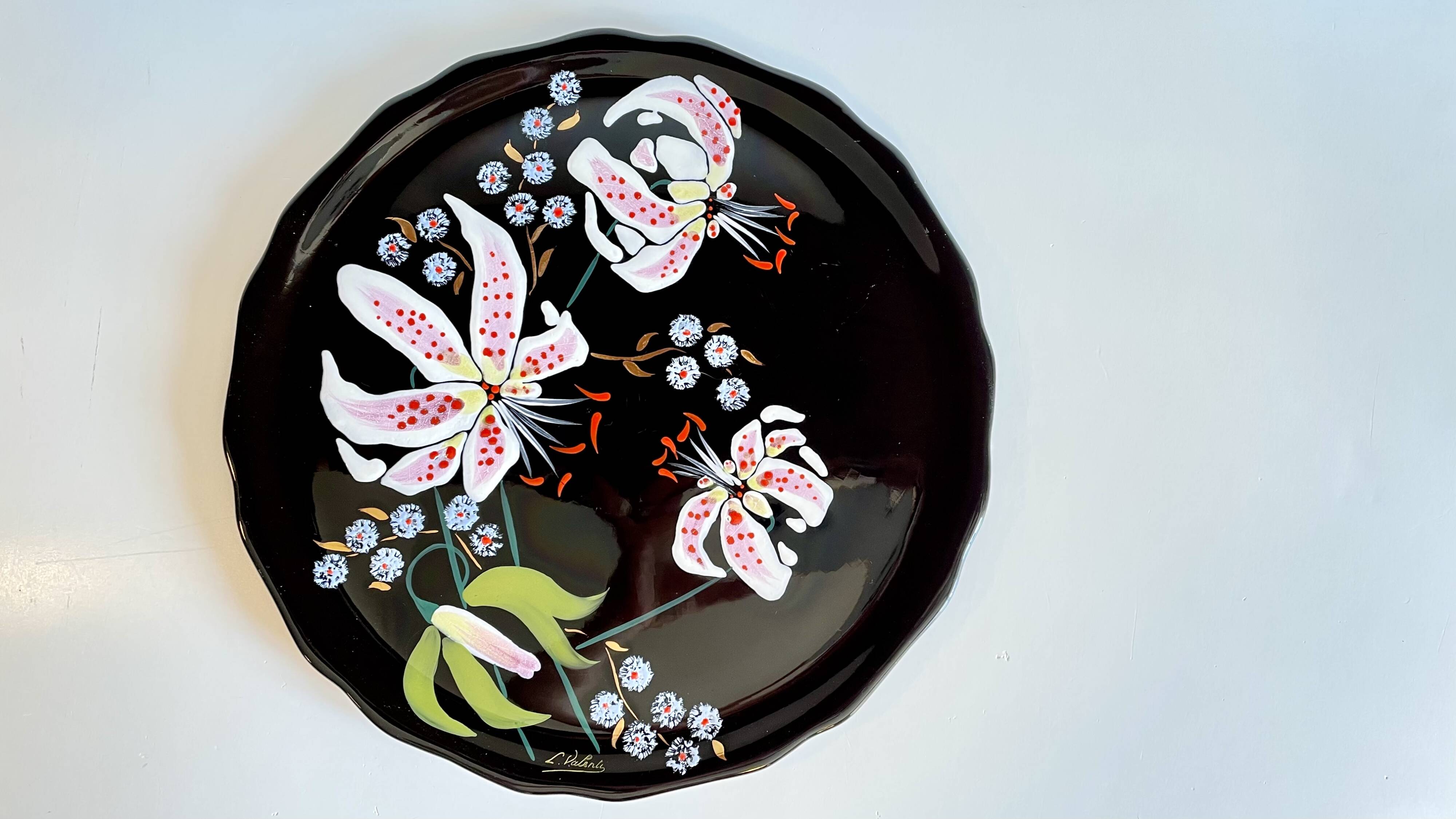 LONGWY PLATTER WITH LILIES signed L. VALENTI
