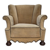 1950s, Danish relax chair, furniture velour with patina, oak wood legs.