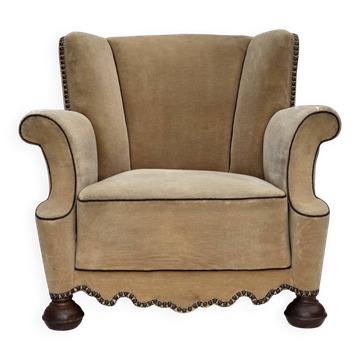 1950s, Danish relax chair, furniture velour with patina, oak wood legs.
