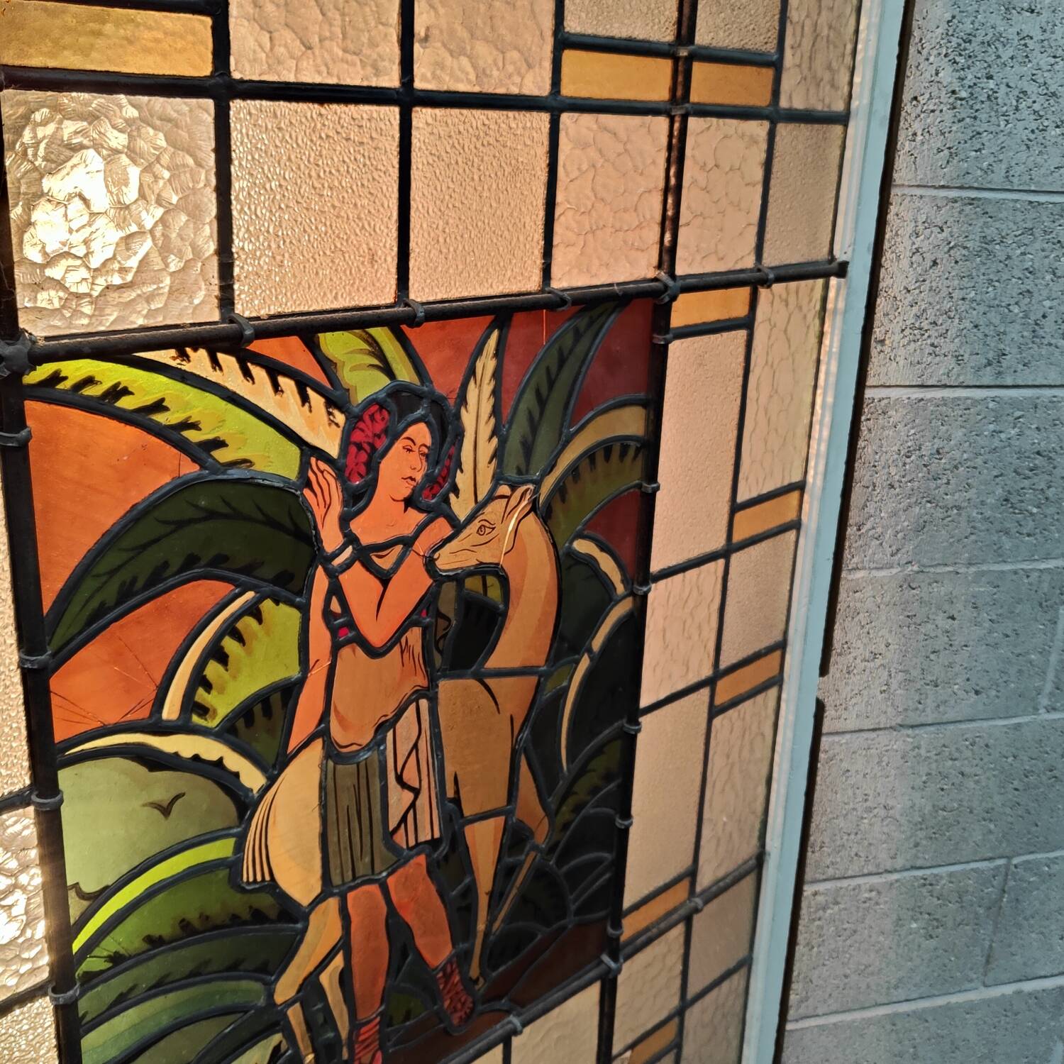 Large 19th century stained glass window The woman and the doe