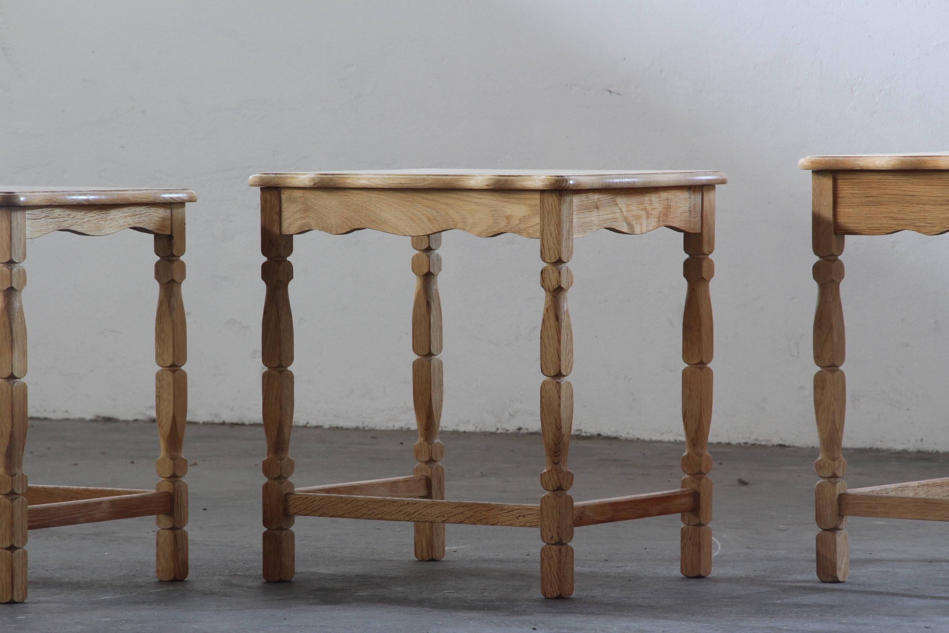 Vintage 1970s set of 3 Nesting / Stacking Oak Tables, style of Henning Kjær