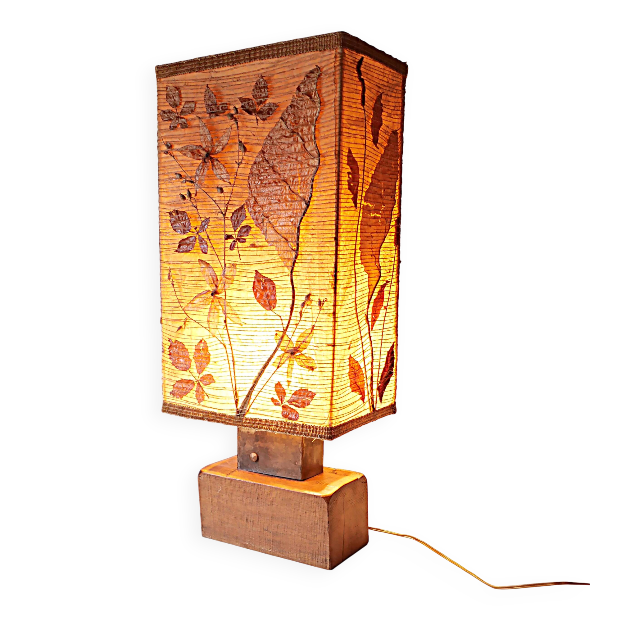 Large vintage lamp from the 70s, 1970 design, wood, metal, fabric.