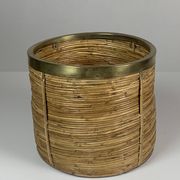 Set of 5 rattan pencil reed and brass plant holder baskets, Italy 1970s