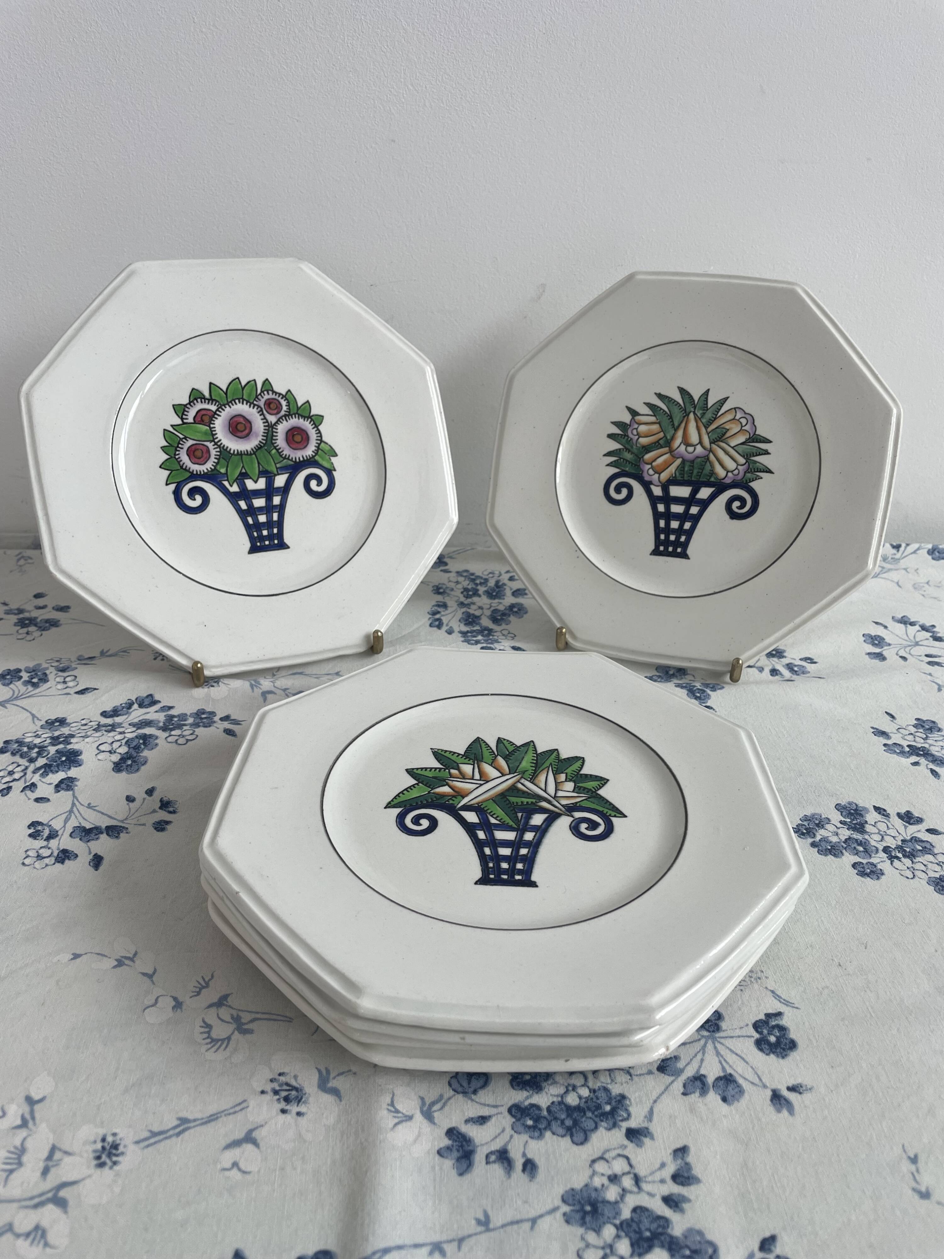 Longwy Service of 6 Octagonal Plates, 1927–1928, Art Deco, stamped
