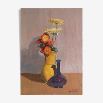 Tableau hst "bouquet au vase" d'angelo cesare chiellini (1916-1991)