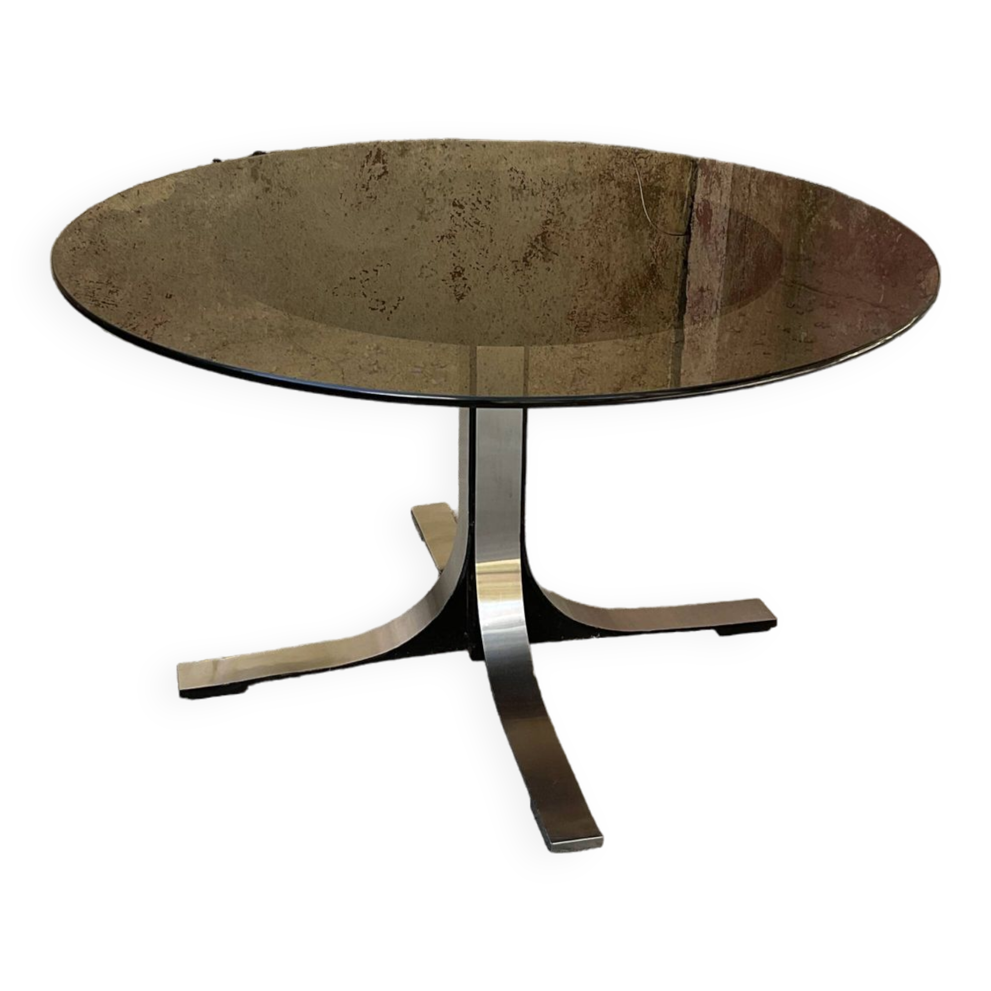 Adjustable coffee table in smoked glass, steel and stainless steel from the 70s