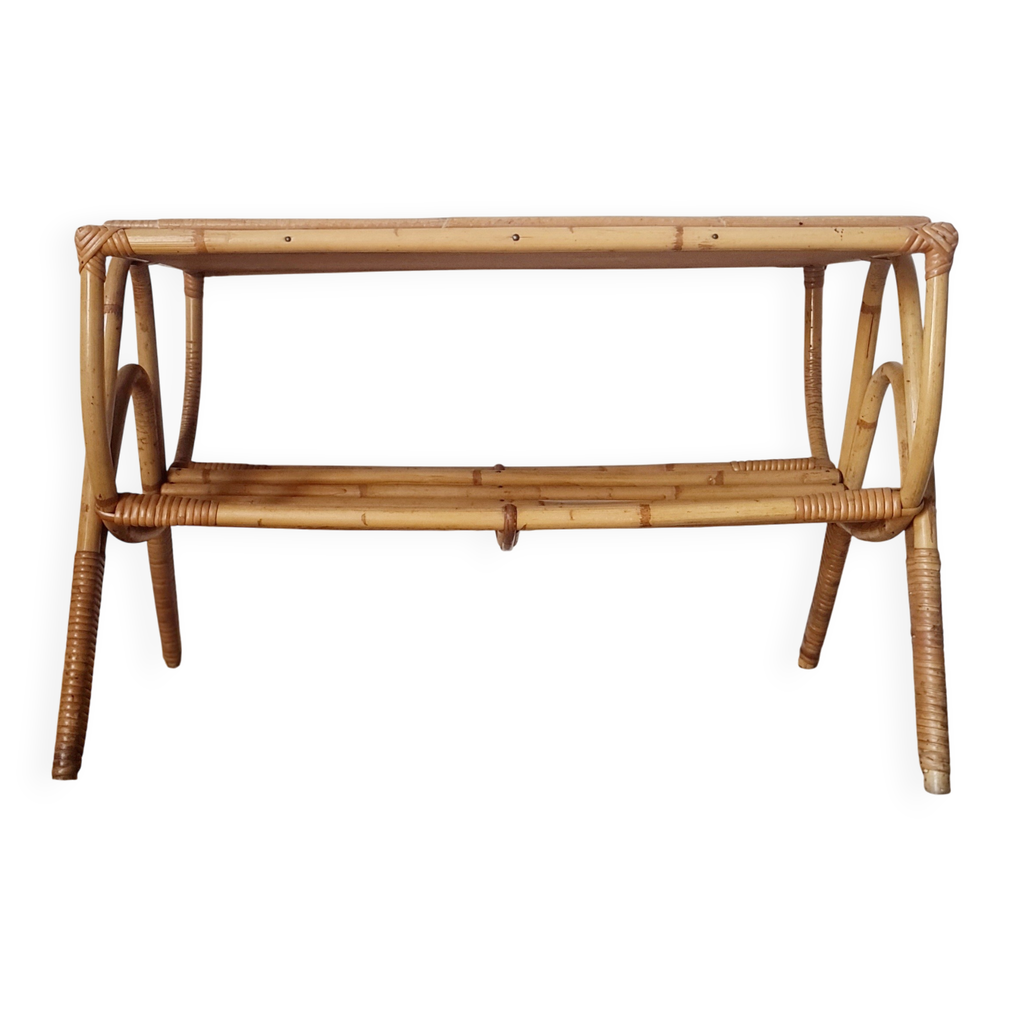 1960s rattan coffee table - blue top