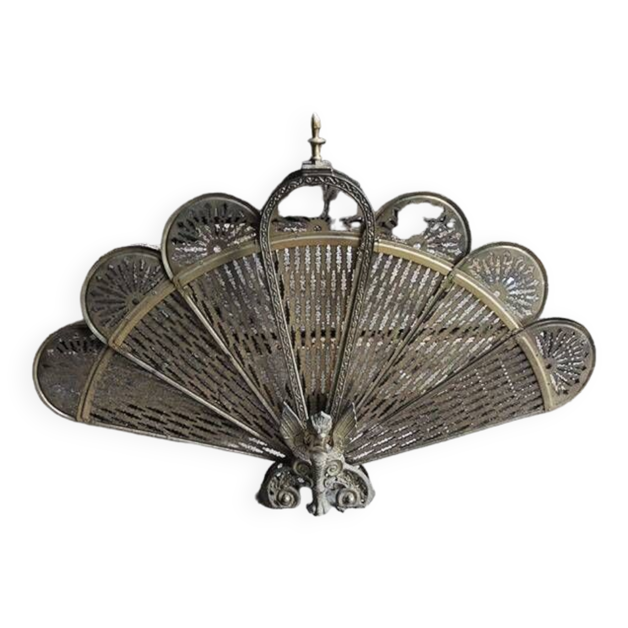 Ancien Pare Feu Paon / Éventail de Cheminée en Laiton