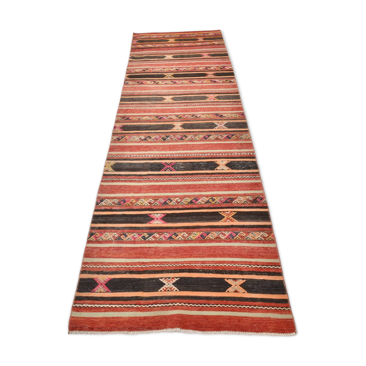 3x10 Red & Black Striped Kilim Runner Rug, 90x309Cm