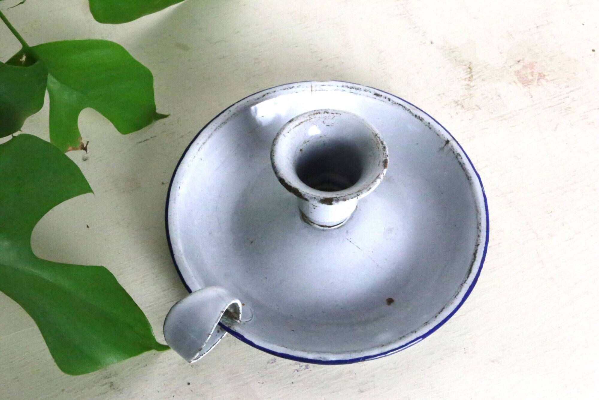 Gray and blue cellar rat candle holder, enameled metal, vintage