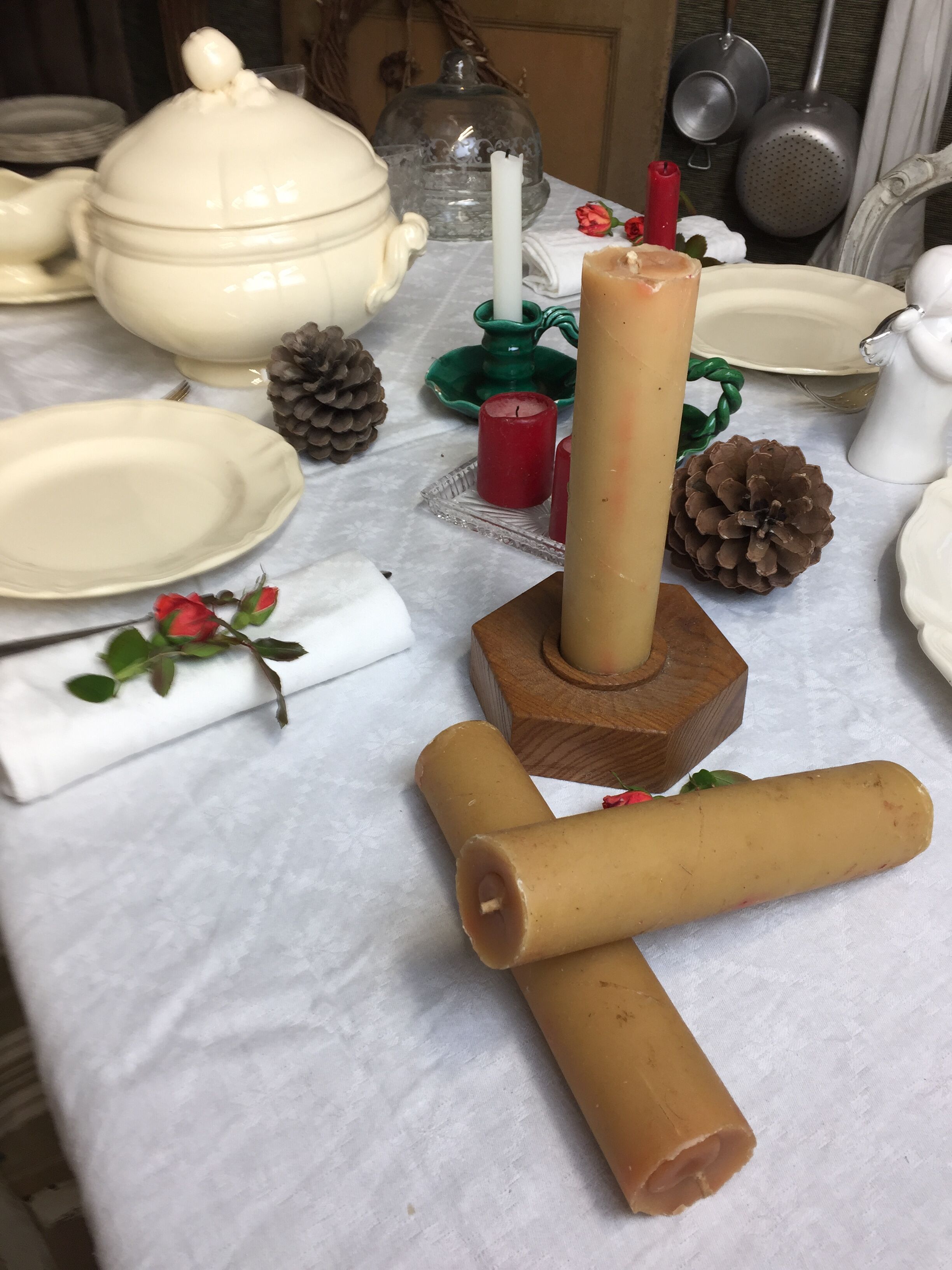Handmade natural wood candle holder, hexagonal shape and its 3 old beeswax candles.
