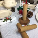 Handmade natural wood candle holder, hexagonal shape and its 3 old beeswax candles.