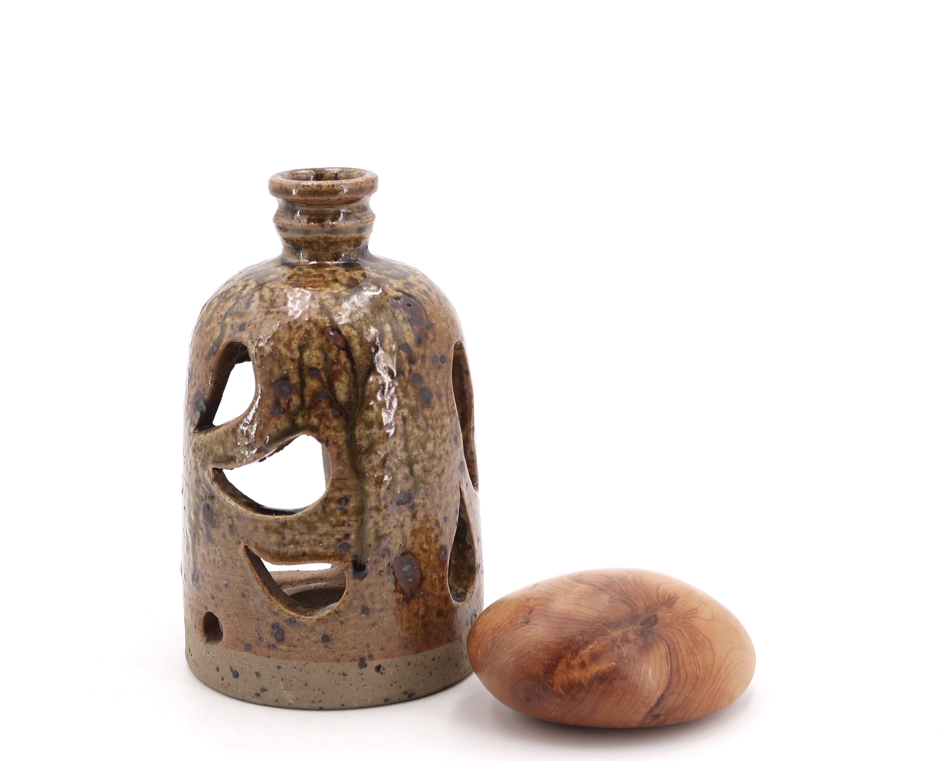 Signed stoneware lantern candle holder, 1960s