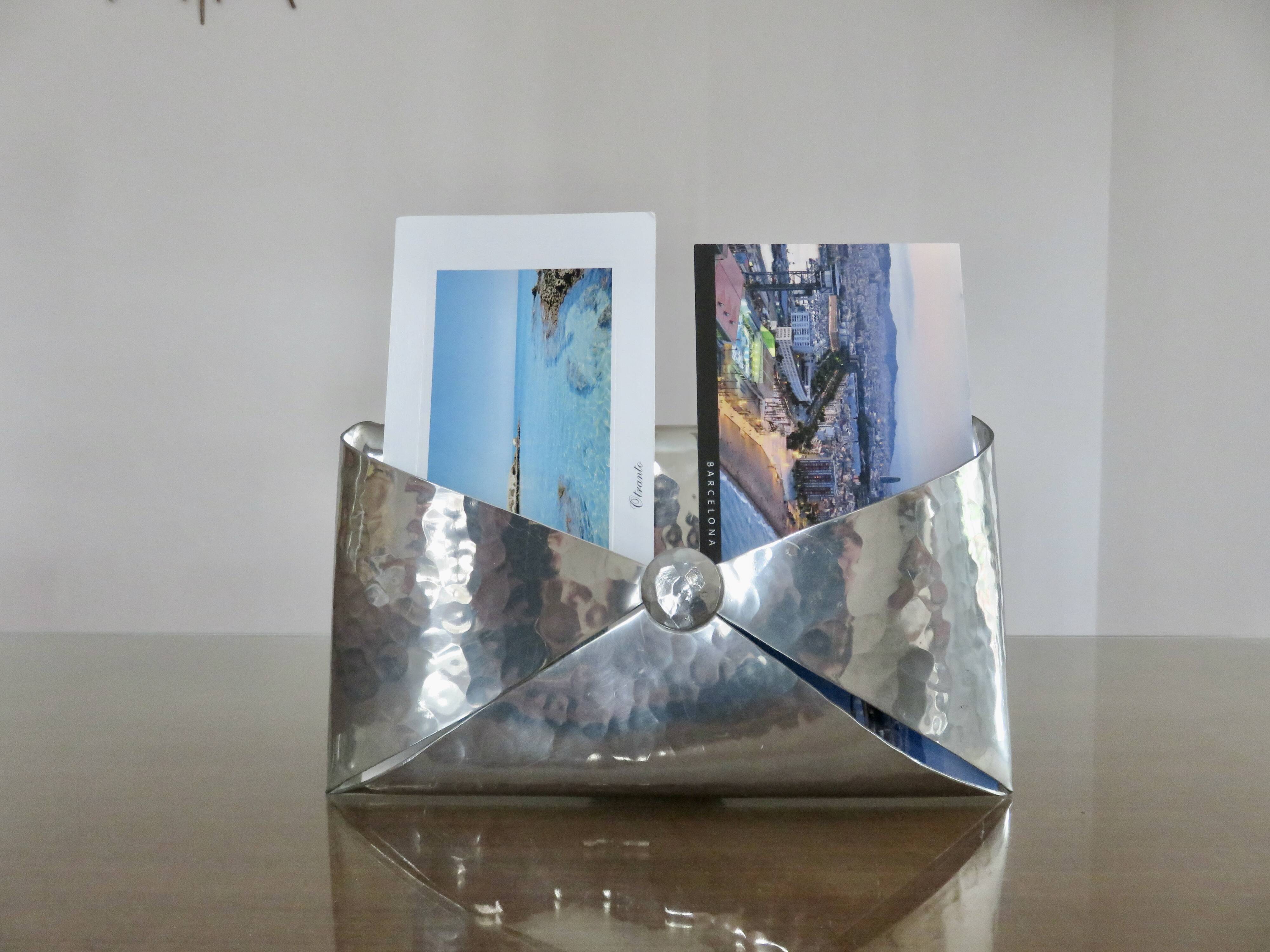 Modernist letter holder jean goardere envelope shape in shiny pewter 1970