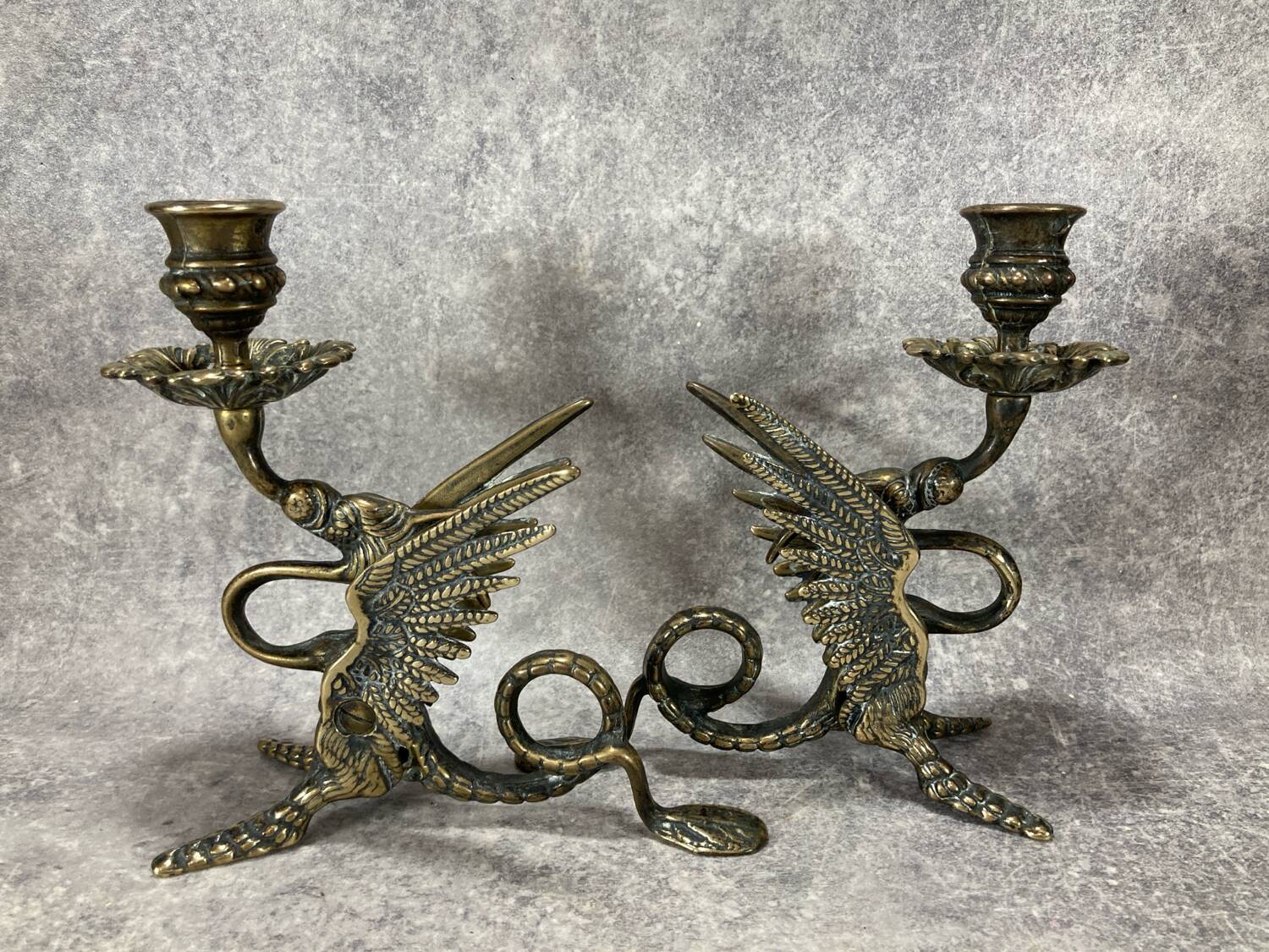 Pair of candlesticks. Chimera Dragon. Gilded brass. Fantastic bestiary