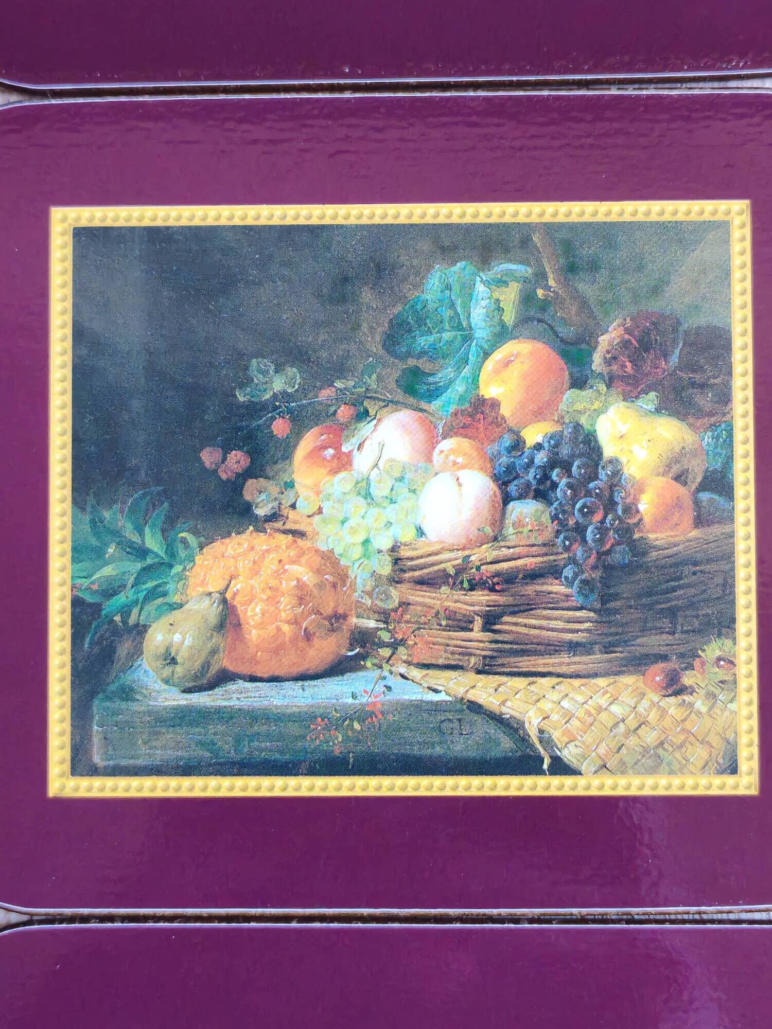 Set of 6 vintage Jason "Still Life Fruit" coasters, cork and durable.