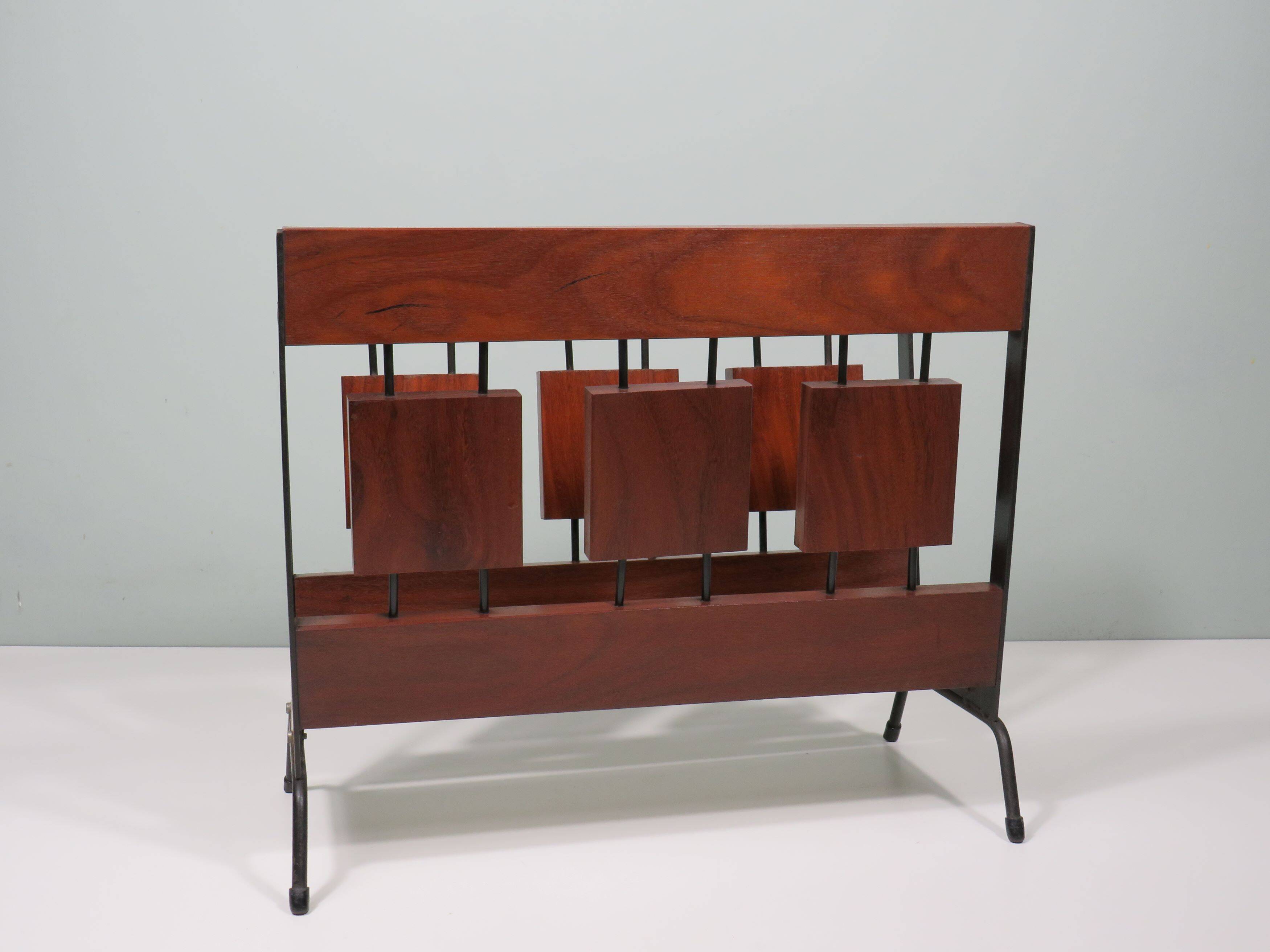 Vintage teak and metal magazine rack, Netherlands 1960-1970