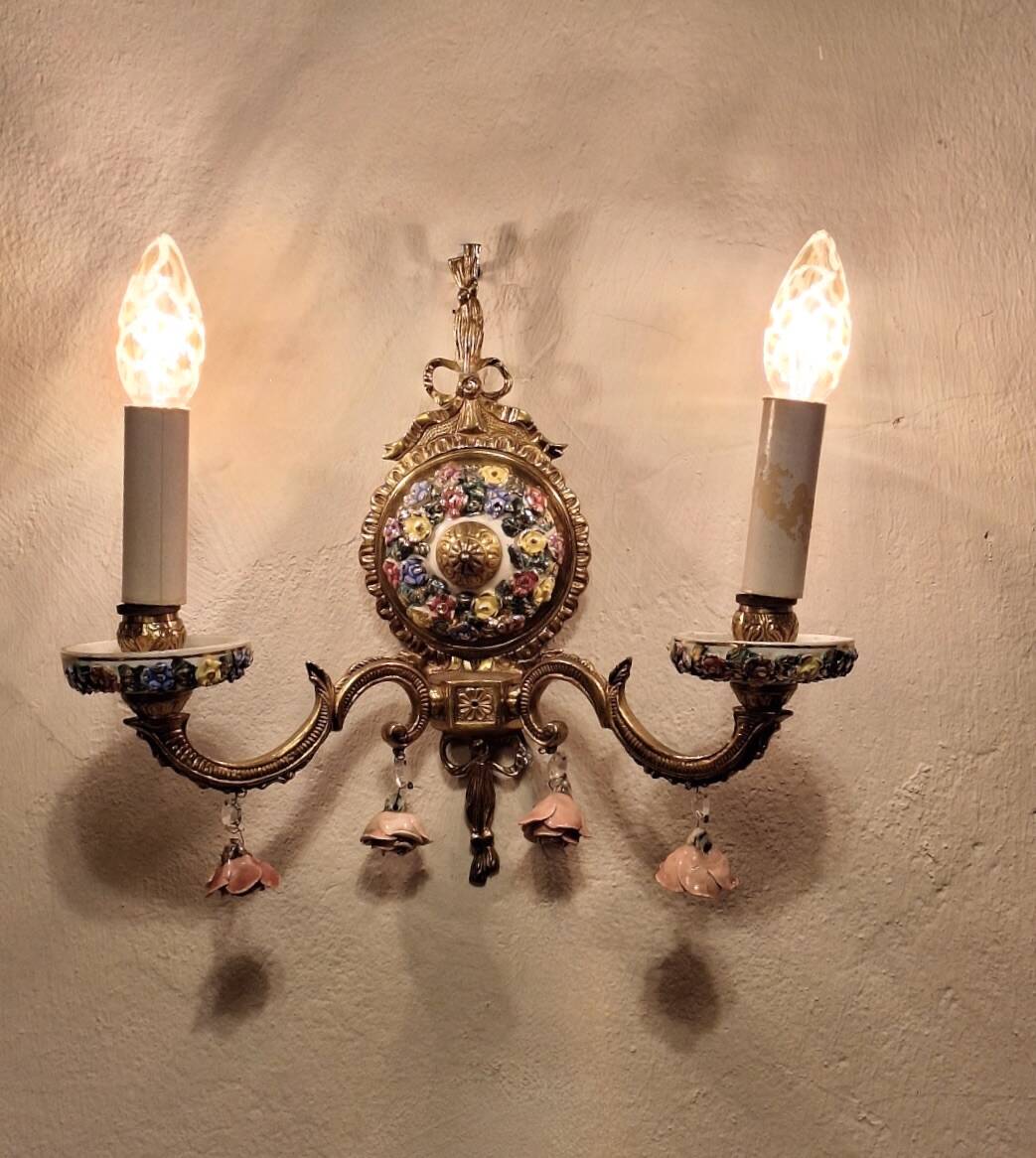 Mid century Spanish Boho ceramic and brass wall light