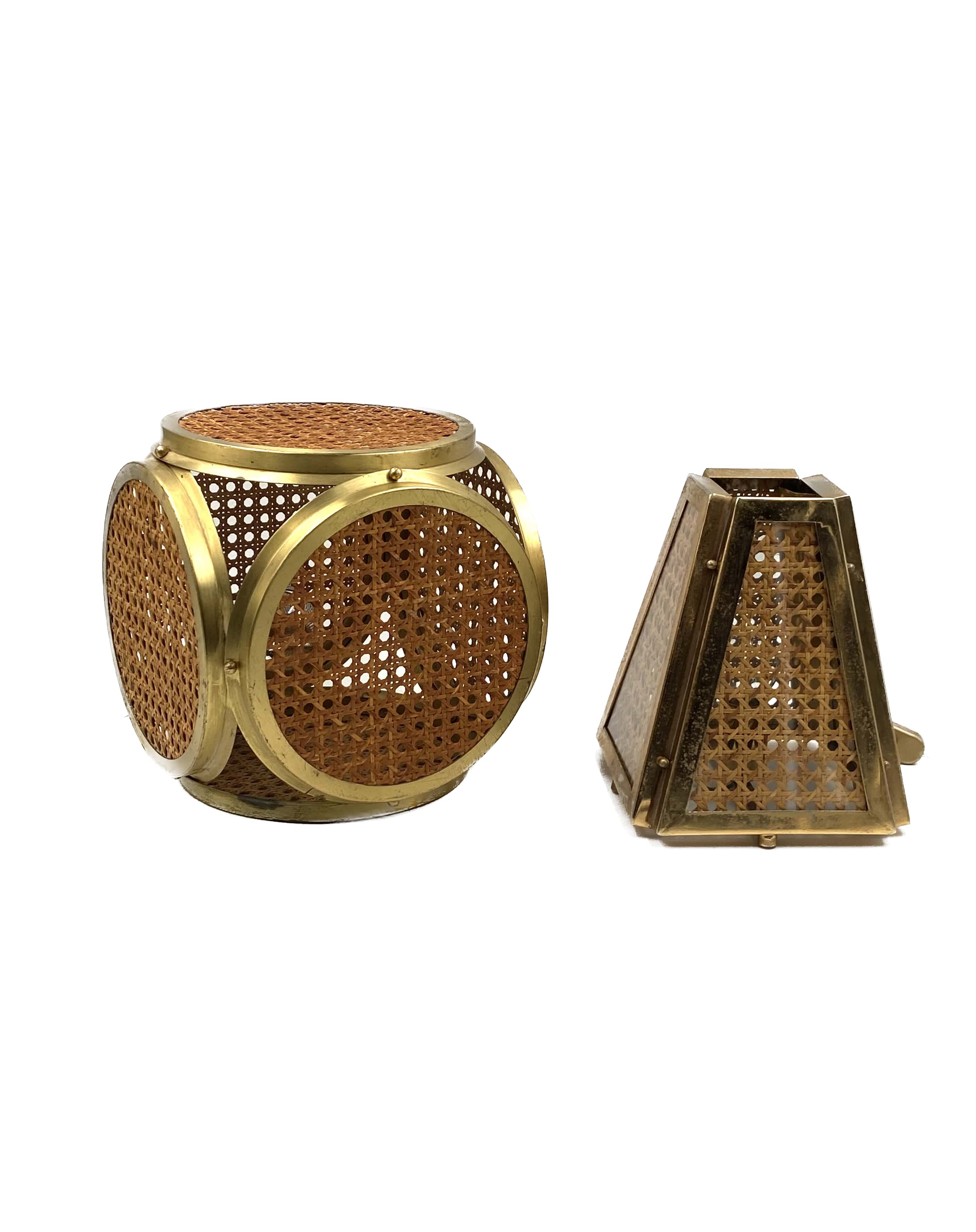 Ensemble de 2 lampes régence hollywoodiennes en laiton et paille viennoise, Italie 60's / 70's