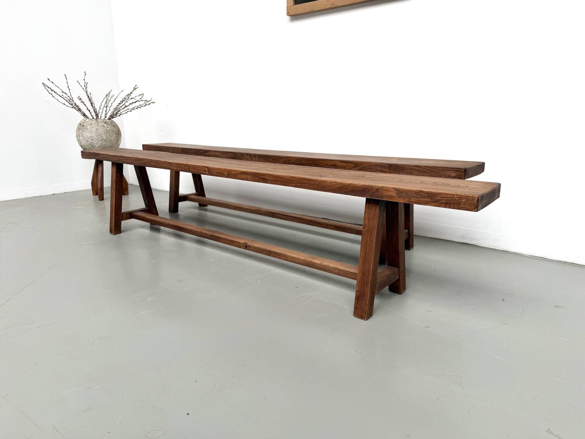 Pair of XL size benches in solid oak, 1950s.