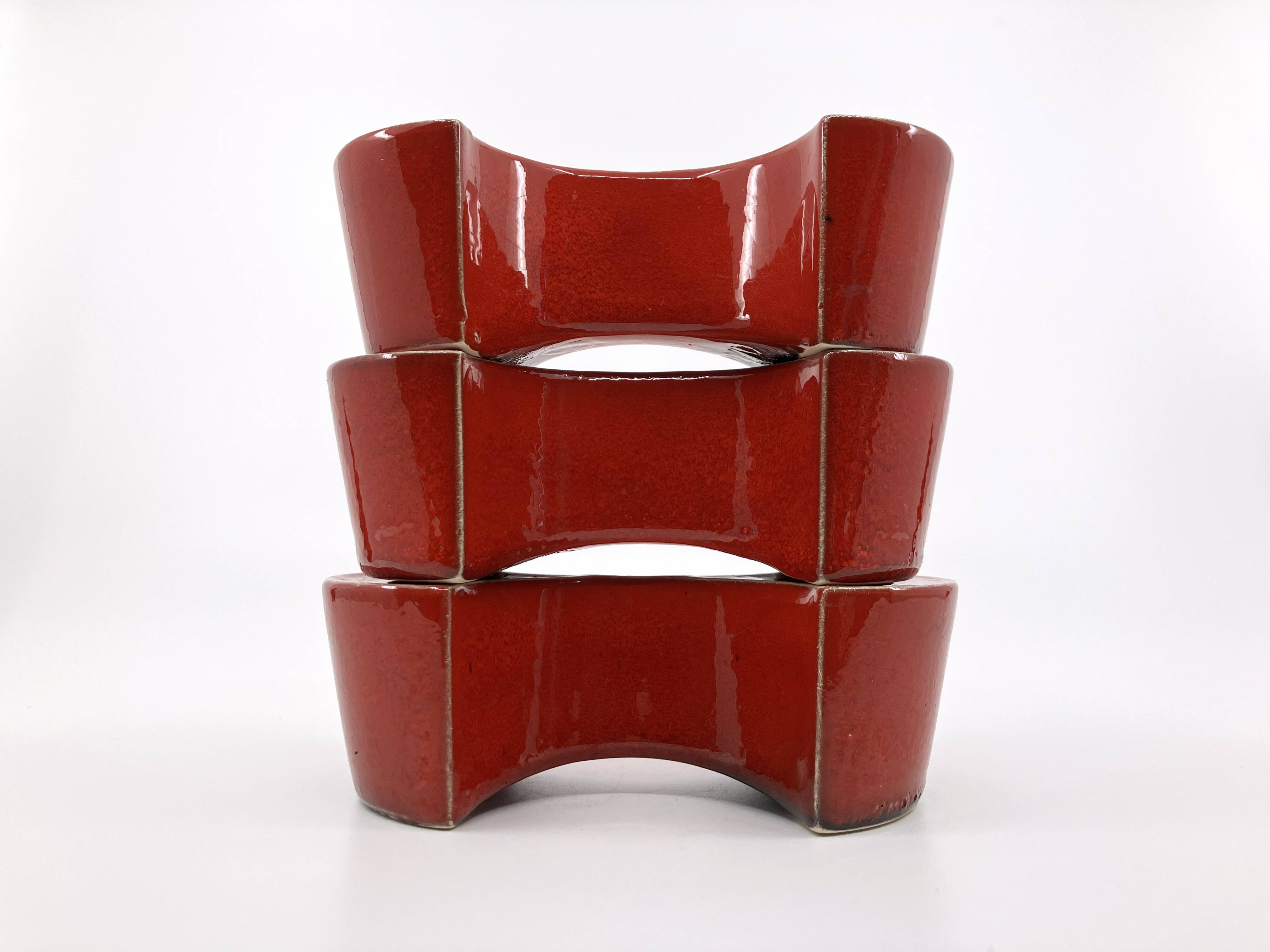 3 red ceramic candlesticks • Cari Zalloni • Steuler • 1970